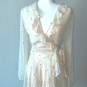 NWOT Anthropologie Ranna Gill Chiffon Wrap Dress Belted Ruffle Hem Cream XS